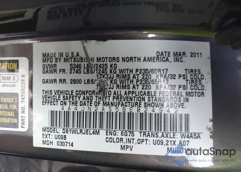 2011 Mitsubishi Endeavor from USA, damaged, VIN 4A4JN2AS5BE024942